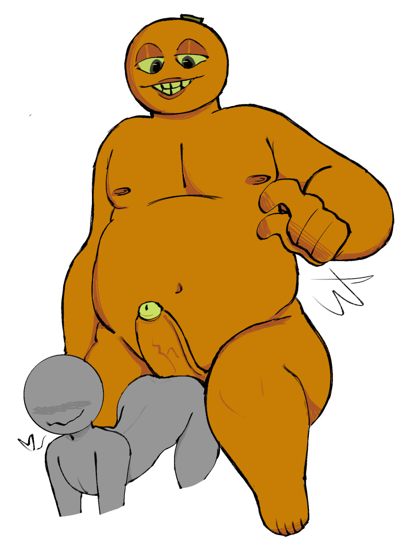 1boy annoying_orange anon anthro before_sex big_penis fruit grey_body humanoid imminent_sex kappi0 larger_male loaltoff male orange orange_(annoying_orange) orange_body overweight penis self_upload smiling tagme veiny_penis watermark white_background