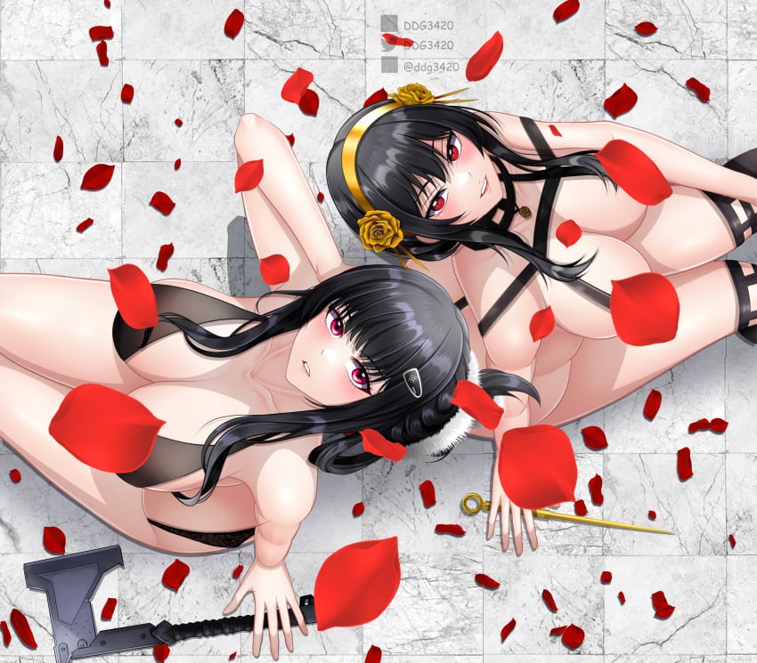 2girls absurdres axe black_hair breasts cleavage commentary d.d.g d_(killer_wife)_(nikke) d_(nikke) dagger ddg3420 english_commentary female female_only flower from_above goddess_of_victory:_nikke hatchet_(axe) highres holding holding_weapon human knife large_breasts multiple_girls naughty_face rose self-upload spy_x_family stiletto_(weapon) thighhighs trait_connection weapon yor_briar yor_forger