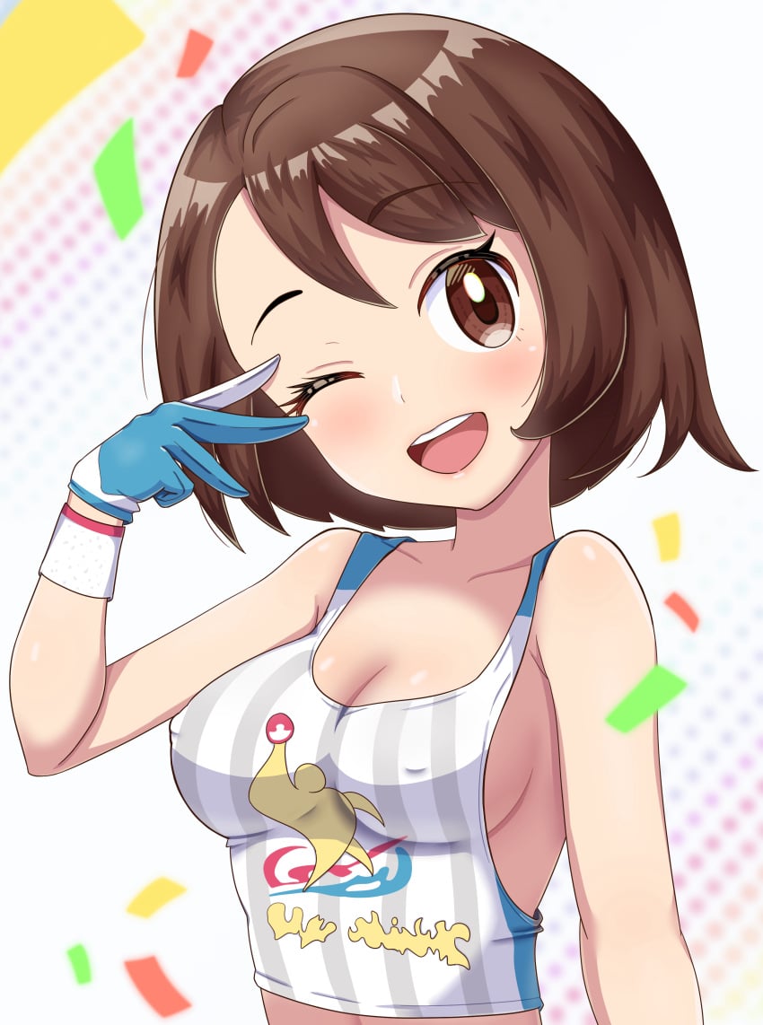 1girls :d absurd_res adapted_costume blush breasts brown_eyes brown_hair cleavage commentary confetti covered_nipples creatures_(company) crop_top erect_nipples game_freak gloria_(pokemon) gloves hi_res looking_at_viewer maho_(corotonton5150) matching_hair/eyes medium_breasts nintendo one_eye_closed open_mouth paid_reward_available pokemon pokemon_(game) pokemon_ss short_hair smile solo sportswear tank_top wink