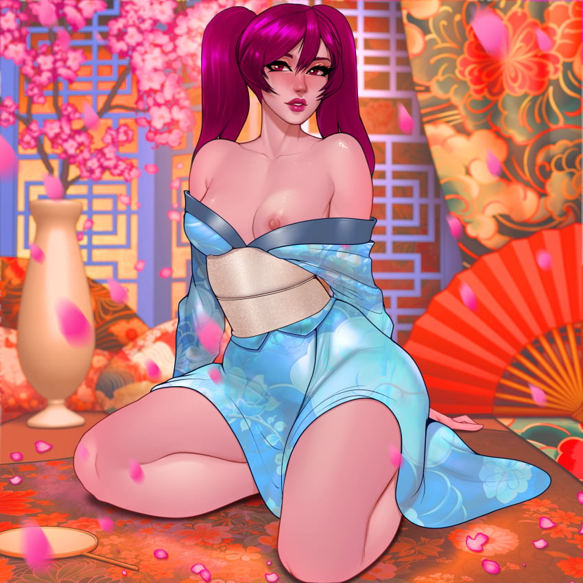 2d 2d_(artwork) 2d_artwork a_house_in_the_rift azraesha blush blushing_at_viewer breasts female_focus flower flower_petals japanese_clothes japanese_clothing kimono kneeling kneeling_female looking_at_viewer nipple nipple_slip nipples on_knees one_breast_out original original_art original_artwork original_character original_characters petite petite_body petite_female pin_up pink_eyes pink_lips pink_skin pinup ponytail ponytails shoulders solo solo_female solo_focus succubus video_game video_game_character video_games visual_novel vn