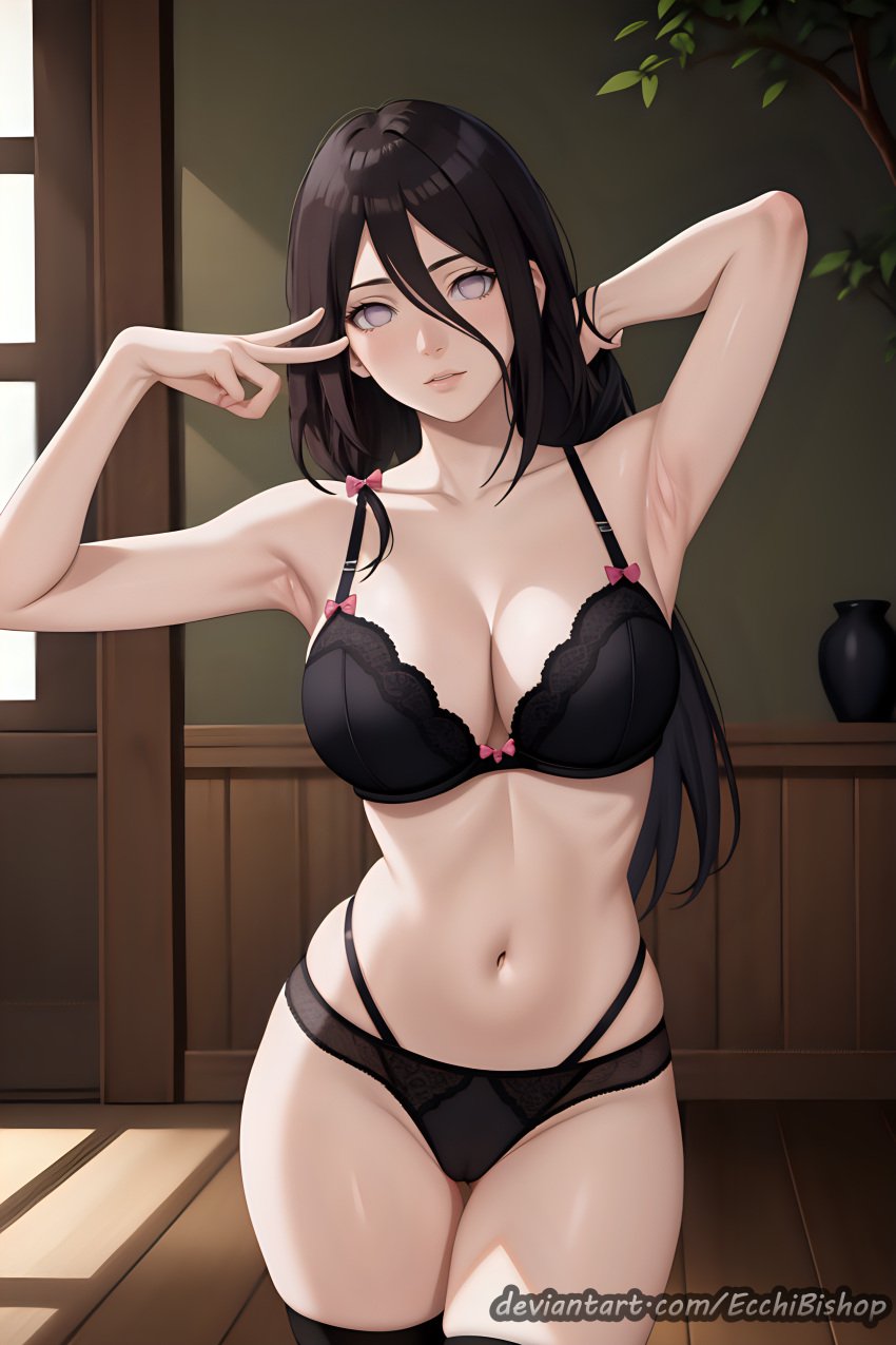 1girls ai_generated bare_chest bare_midriff bare_shoulders big_breasts boruto:_naruto_next_generations bra breasts brown_hair cleavage collarbone deviantart_username ecchibishop female female_only front_view huge_breasts hyuuga_hanabi legwear light-skinned_female light_skin lingerie lingerie_bra lingerie_panties looking_at_viewer midriff naruto naruto_(series) naughty naughty_face naughty_smile on_back on_bed oppai panties peace_sign solo solo_focus spread_legs stable_diffusion standing stockings thighs underwear underwear_only upper_body url very_long_hair viewed_from_below violet_eyes watermark web_address white_skin