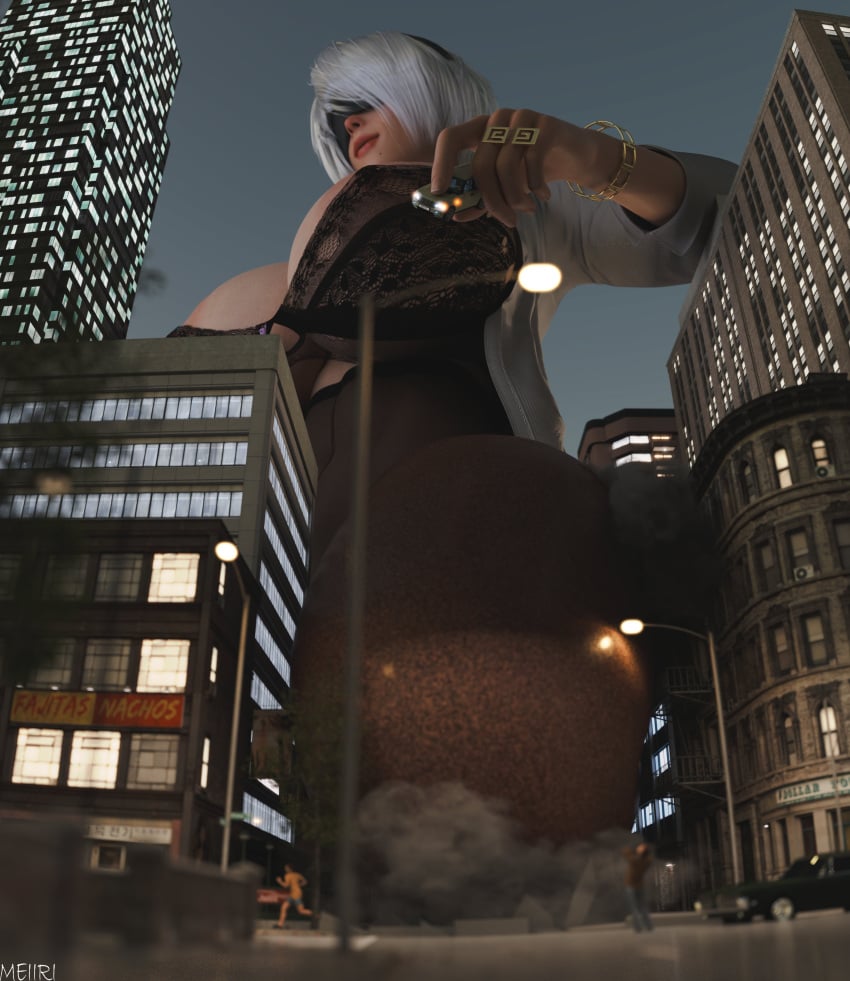 1girls 3d areolae big_breasts blindfold breasts city destruction female female_focus giantess hairband huge_breasts jgrfgts light-skinned_female light_skin low-angle_view macro meiirii nier nier:_automata office_clothing office_lady short_hair size_difference white_hair yorha_2b