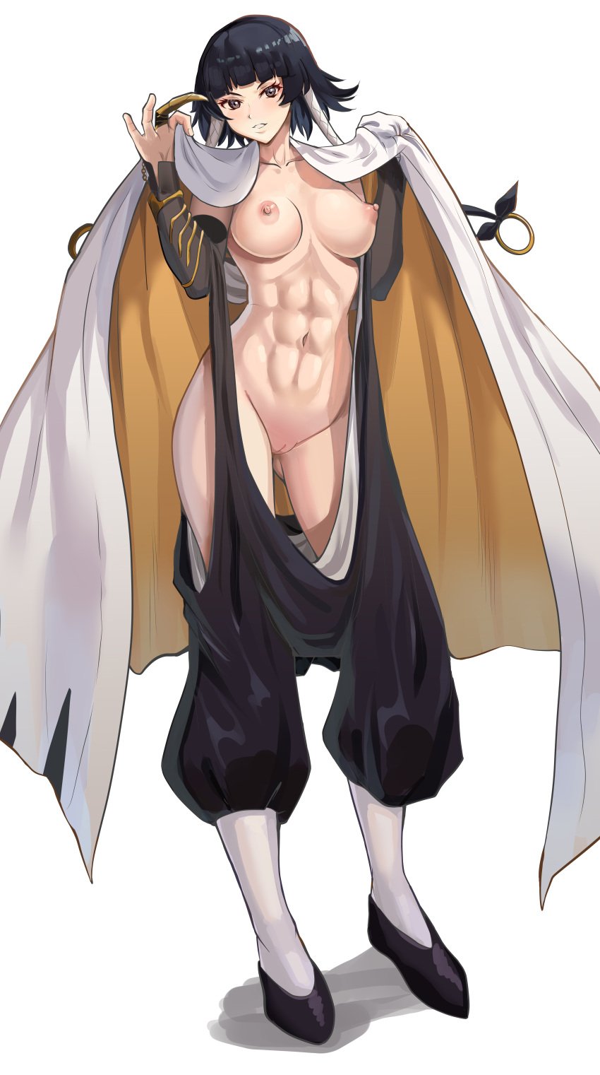 1girls abs absurdres black_hair black_kimono bleach blunt_bangs braid breasts cape cleft_of_venus commission commissioner_upload female full_body gluteal_fold grin hair_rings highres holding holding_cape holding_clothes japanese_clothes kimono large_breasts looking_at_viewer medium_hair naked_kimono navel nico-mo nipples non-web_source partially_undressed pussy shoes smile soifon solo standing toned toned_female twin_braids uncensored white_background