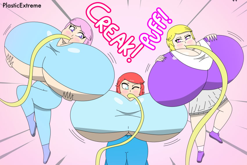 3girls breast_expansion breasts_bigger_than_torso female helium_inflation hose inflation multiple_girls plasticextreme tagme