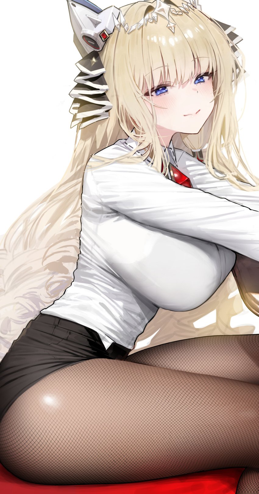 blonde_hair blouse blue_eyes breast clothed crown_(nikke) female female_only fishnets fully_clothed goddess_of_victory:_nikke long_hair mochirong non-nude pantyhose shirt shorts sitting tiara tight_clothing