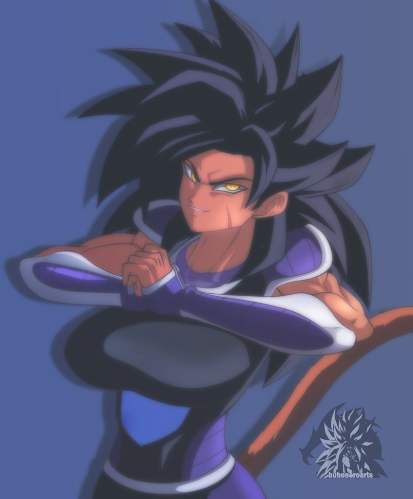 buhonero_arts cheek_scar dark-skinned_female dragon_ball emite_(icydud3) large_breasts muscular_female original_character saiyan spiky_hair tail yellow_eyes