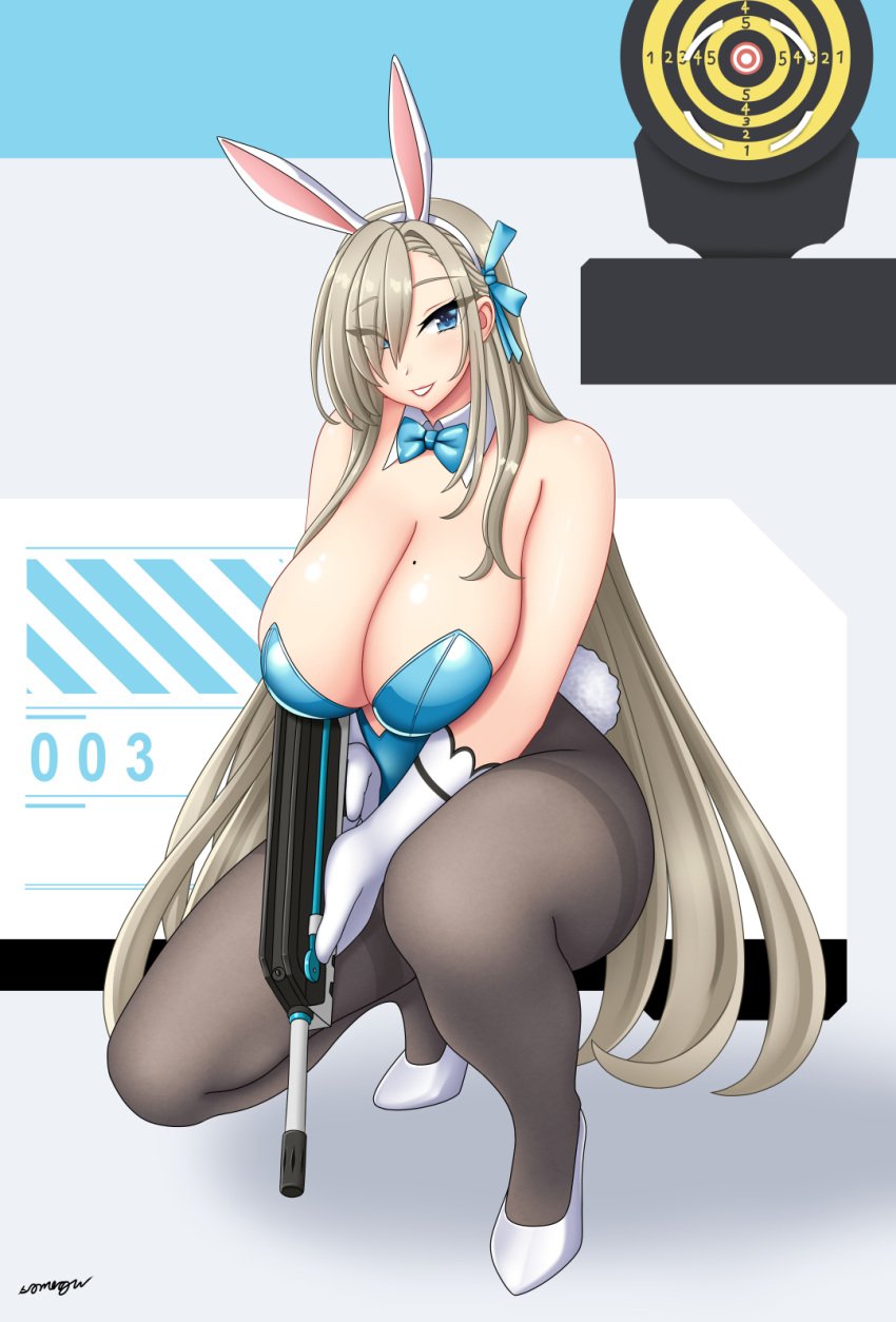 animal_ears aqua_leotard assault_rifle asuna_(blue_archive) asuna_(bunny)_(blue_archive) black_pantyhose blue_archive blue_bow blue_bowtie blue_leotard bow bowtie breasts bullpup cleavage detached_collar elbow_gloves fake_animal_ears famas female gloves goddess_of_victory:_nikke gun hair_over_one_eye highres holding holding_gun holding_weapon leotard light_brown_hair long_hair mole mole_on_breast no_halo official_alternate_costume on_one_knee pantyhose parody playboy_bunny rabbit_ears rifle solo somegu strapless strapless_leotard thighband_pantyhose weapon