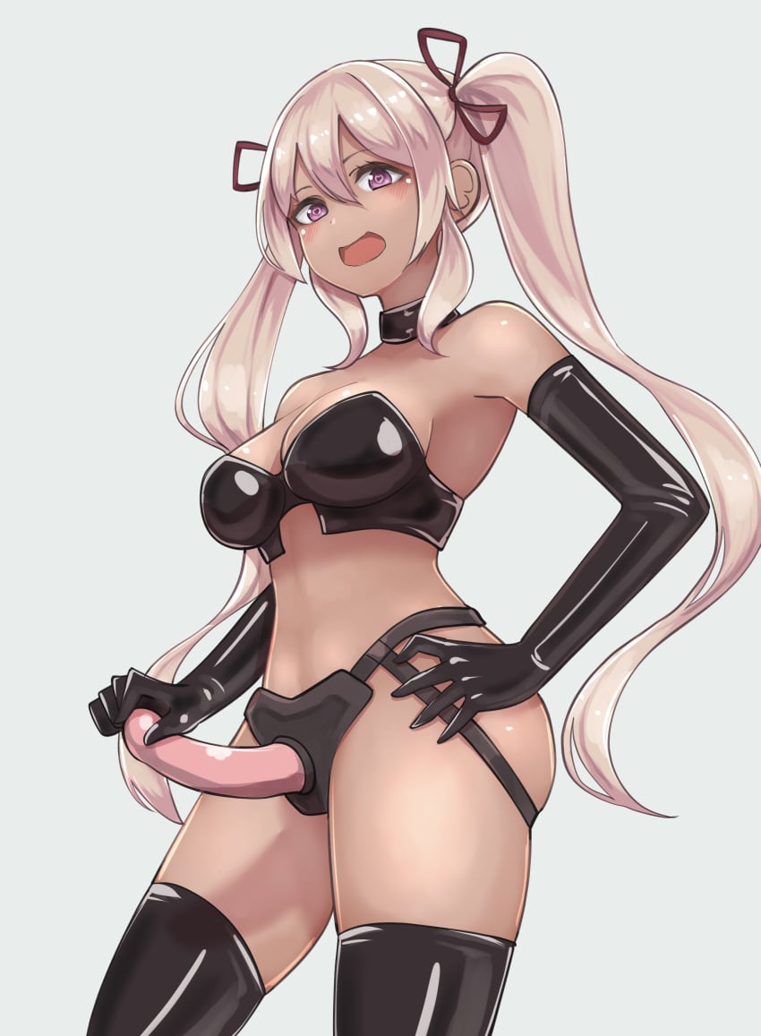 :d absurdres bare_shoulders black_bustier black_collar black_gloves black_thighhighs blonde_hair breasts bustier collar dakini_(kamikatsu) dark-skinned_female dark_skin dildo elbow_gloves female gloves hair_between_eyes hair_ribbon hand_on_own_hip heart heart-shaped_pupils highres kaminaki_sekai_no_kamisama_katsudou kikiu_bd latex latex_gloves latex_thighhighs looking_at_viewer medium_breasts no_navel pink_hair purple_eyes red_ribbon ribbon sex_toy simple_background smile solo stomach strap-on symbol-shaped_pupils thighhighs twintails white_background