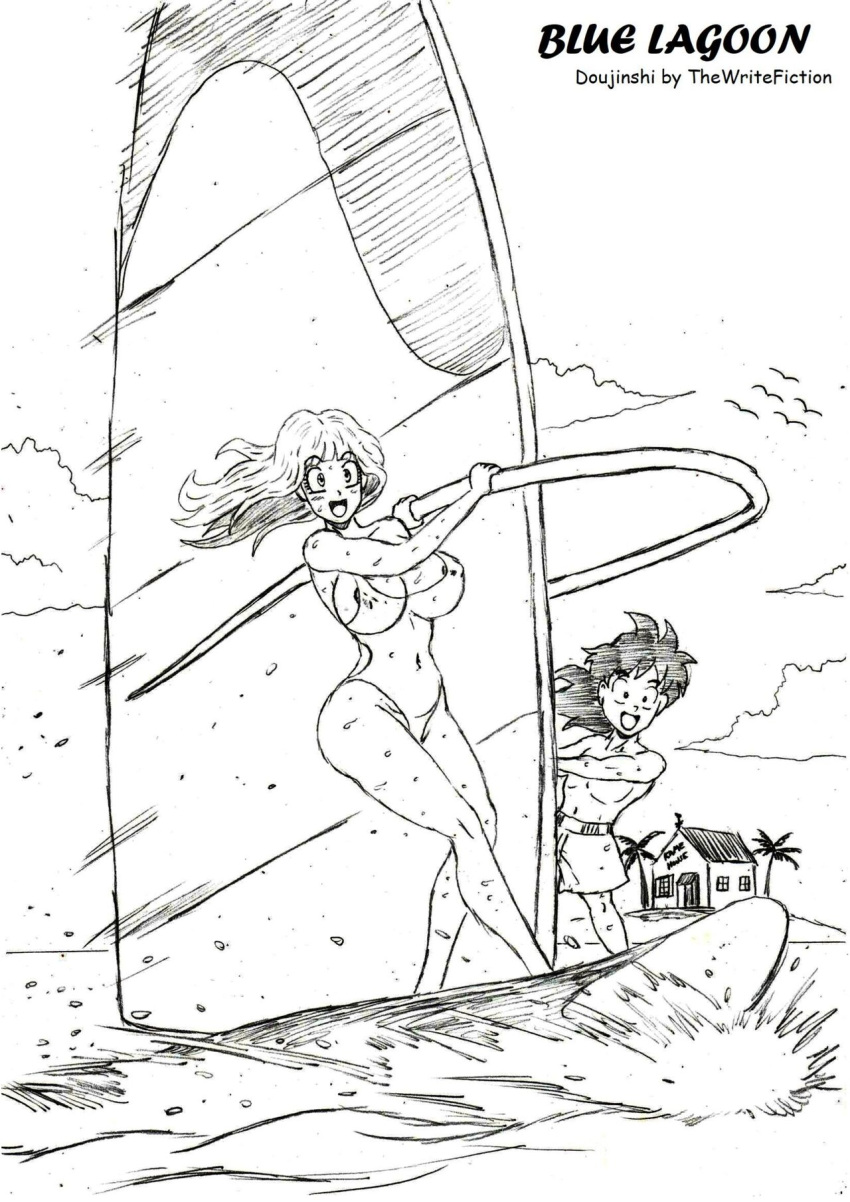 1boy 1girls beach black_and_white breasts cleavage cover_page doujinshi dragon_ball_z kame_house maron ocean son_gohan son_gohan_(young) swimming_trunks swimsuit thewritefiction waves wet_body