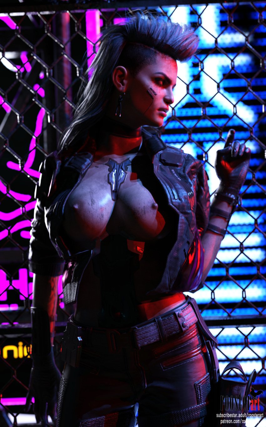 10:16 1girls 3d 3d_(artwork) 4k breasts cyberpunk cyberpunk_2077 dark dirt dirty dirty_skin erect_nipples female female_focus female_only jacket looking_away medium_breasts neon_lights night nipples partially_clothed patreon patreon_username rogue_amendiares roosterart solo solo_female solo_focus standing subscribestar subscribestar_username video_game video_game_character video_game_franchise