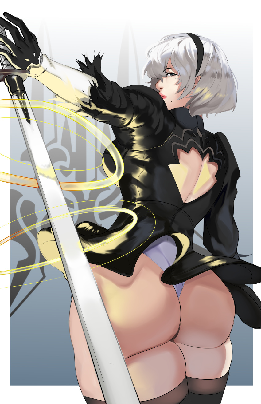 1girls ass ass_focus big_ass blue_eyes breasts clothing female female_only hairband leotard light-skinned_female light_skin looking_back nier nier:_automata puzzled_artist rear_view short_hair skirt skirt_lift solo sword white_hair yorha_2b