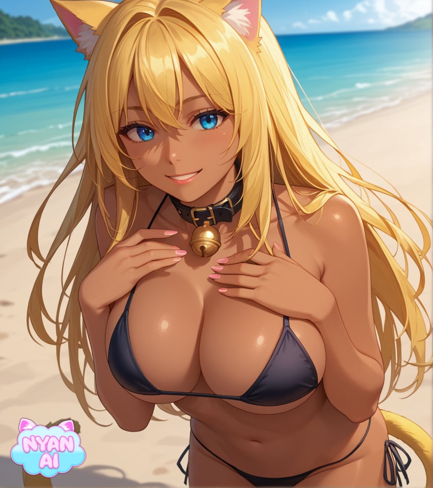 2d ai_assisted ai_generated ai_girl athletic beach beach_background bell bell_collar belly_button big_breasts bikini bikini_bottom bikini_top black_bikini black_bikini_top blonde_female blonde_hair blonde_hair_female blue_eyes bra breasts cat_bell cat_girl catgirl cleavage collar cosplay curvy_female female female_focus fit_female front_view giant_breasts girl humanoid large_breasts massive_breasts mature_female mature_woman micro_bikini micro_bikini_bottom micro_bikini_top midriff neko nekomimi nyan_ai nyanai ocean ocean_background outfit pose sand sfw shiny_skin smile standing standing_female standing_position stomach sun sunlight tan tan-skinned_female tan_body tan_skin tanned tanned_skin thick_thighs water