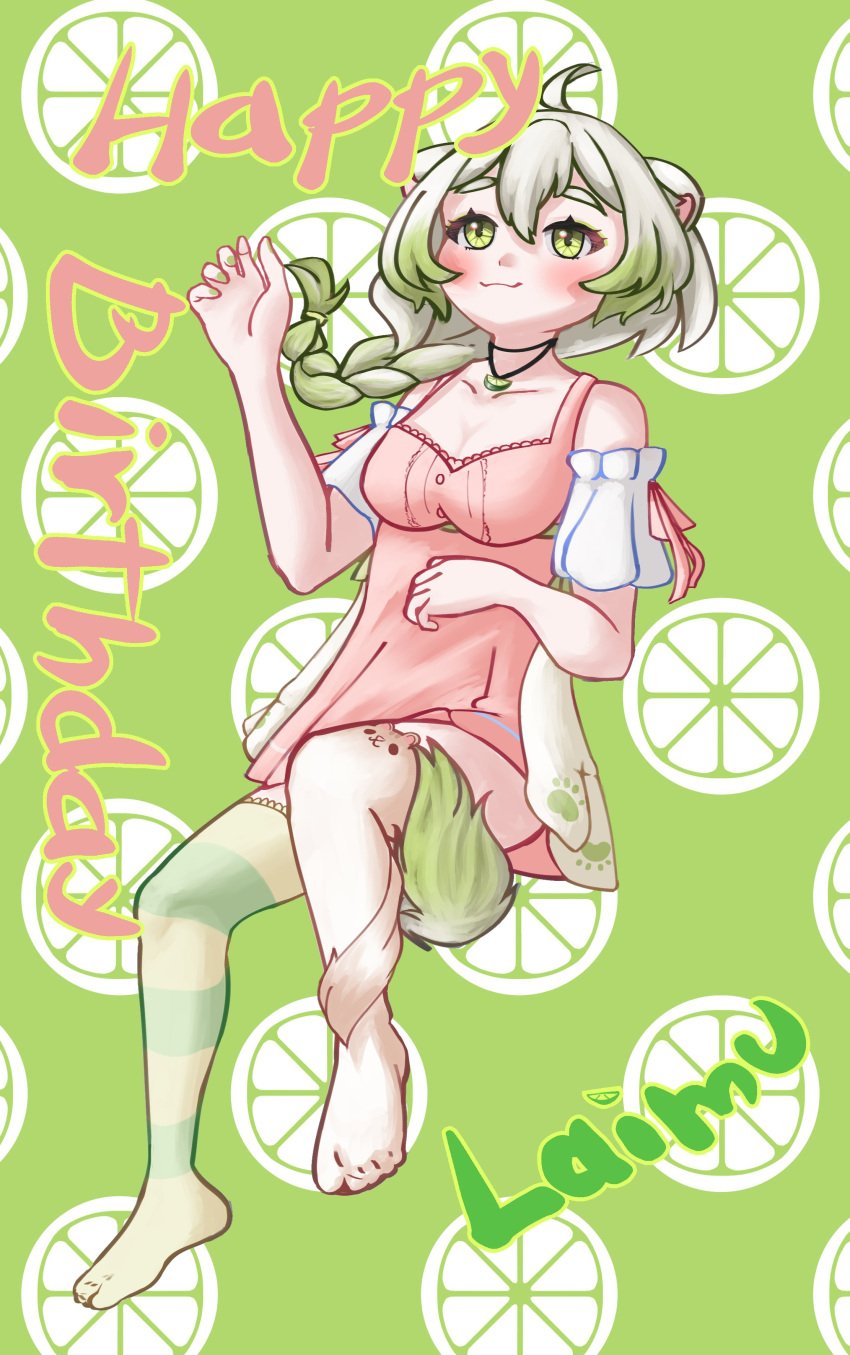 1girls animal_ears breasts female ferret ferret_girl green_eyes green_highlights laimu lime multicolored_hair solo vinesauce virtual_youtuber white_hair