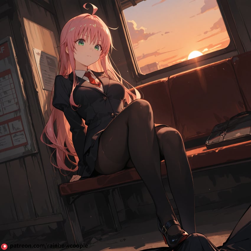 1boy ai_generated beautfiul_background bus_stop disdain footjob lala_satalin_deviluke medium_breasts stunning_backgroud sunset_glow