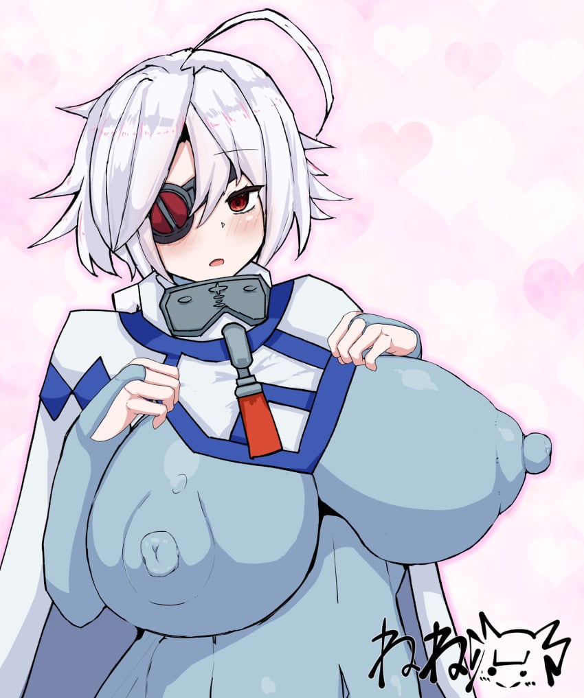 1girls ahoge amari-nene blazblue bodysuit bridal_gauntlets clothing erect_nipples_under_clothes eyepatch female female_only large_breasts looking_at_viewer navel nipple_bulge nipples nu-13 open_mouth red_eyes skin_tight solo white_hair