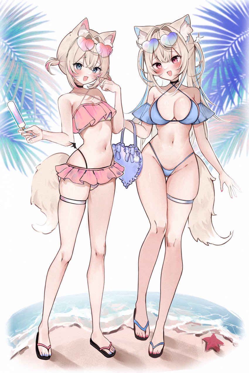 2d 2d_(artwork) 2girls alternate_costume animal_ears animal_print belly_button big_breasts bikini bikini_bottom bikini_top blonde_hair blue_bikini blue_bikini_bottom blue_bikini_top blue_eyes blue_hair blush bra dog_ears dog_girl female female_focus front_view full_body fully_clothed fuwamoco fuwawa_abyssgard high_resolution highres holding_popsicle hololive hololive_english hololive_english_-advent- hourglass_figure long_hair meiwowowo mococo_abyssgard navel ocean palm_tree pink_bikini pink_bikini_bottom pink_bikini_top pink_eyes pink_hair popsicle puppy revealing_clothes sandals short_hair sisters slim_girl small_breasts smiling smiling_at_viewer standing starfish summer sunglasses sunglasses_on_head swimsuit thong thong_bikini two_piece_swimsuit two_tone_hair virtual_youtuber vtuber vtuberfanart water young younger_female