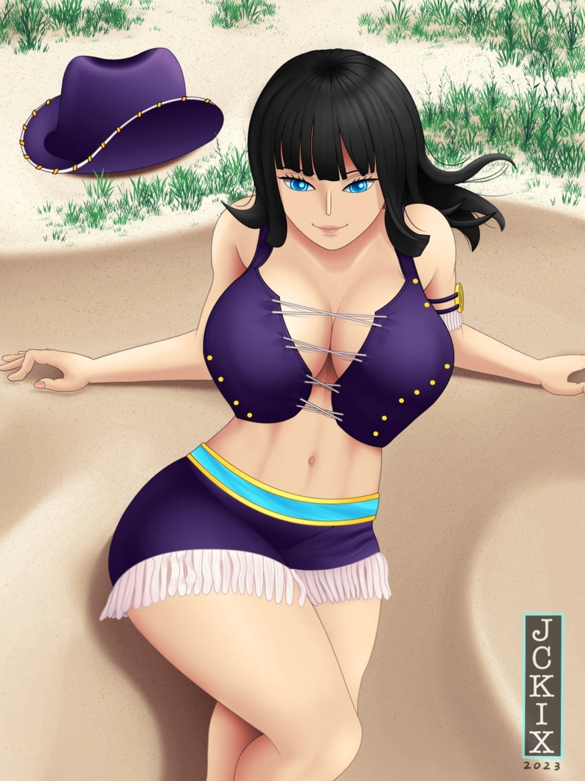 1girls bangs bare_arms bare_legs bare_shoulders bare_thighs big_breasts black_hair blue_eyes clothed clothing color cowboy_hat female female_focus female_only hat hi_res jckix_art large_breasts laying_down light-skinned_female light_skin long_hair looking_at_viewer miss_all_sunday nico_robin one_piece pre-timeskip shounen_jump solo solo_female tagme thick_thighs