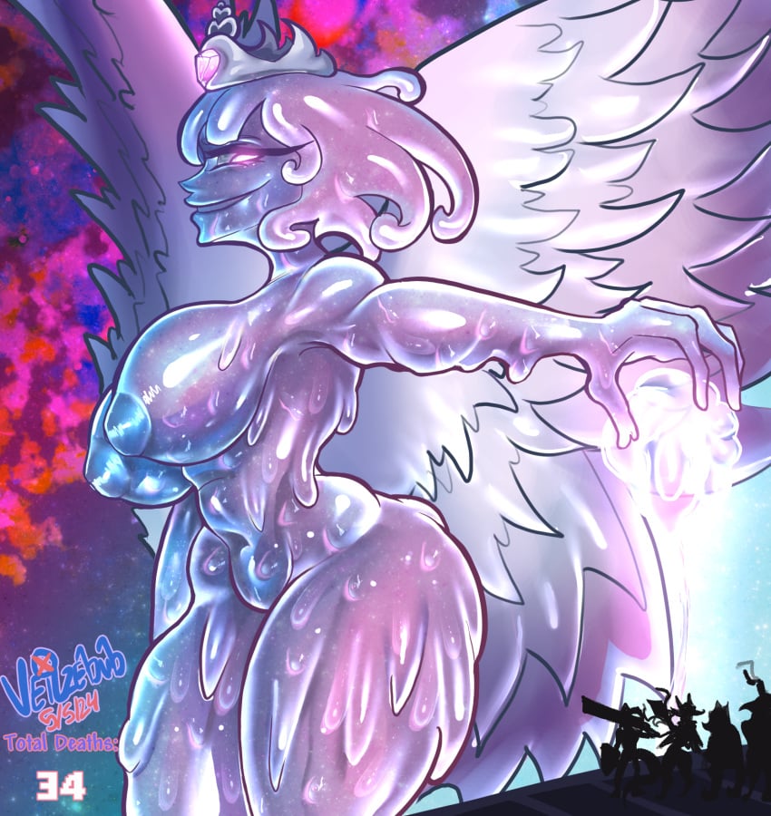 ass big_ass big_breasts blue_nipples breasts crown grinning huge_ass huge_breasts monster_girl night_sky nipples purple_eyes queen_slime queen_slime_(terraria) self_upload shiny_skin silhouette slightly_chubby slime slime_girl slime_monster tagme terraria thick_thighs veilzebub wings