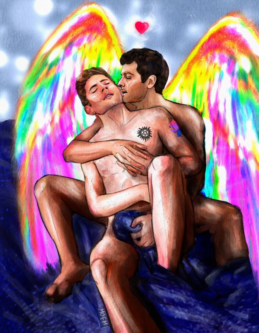 2boys actor angel angel_wings artist_name artist_signature bara big_bulge bisexual_pride_colors black_hair brown_hair bulge castiel castiel_(supernatural) celebrity chest_tattoo closed_eyes dark_hair dean_winchester duo freckles gay gay_sex grabbing_penis heart holding_hands human in_character interlocked_fingers jensen_ackles kissing kissing_neck light-skinned_male light_skin looking_pleasured male male/male male_only misha_collins moem nipples occult_symbol penis_grab pentagram pride_colors rainbow_wings romantic romantic_ambiance sex supernatural_(series) tattoo underwear wings yaoi