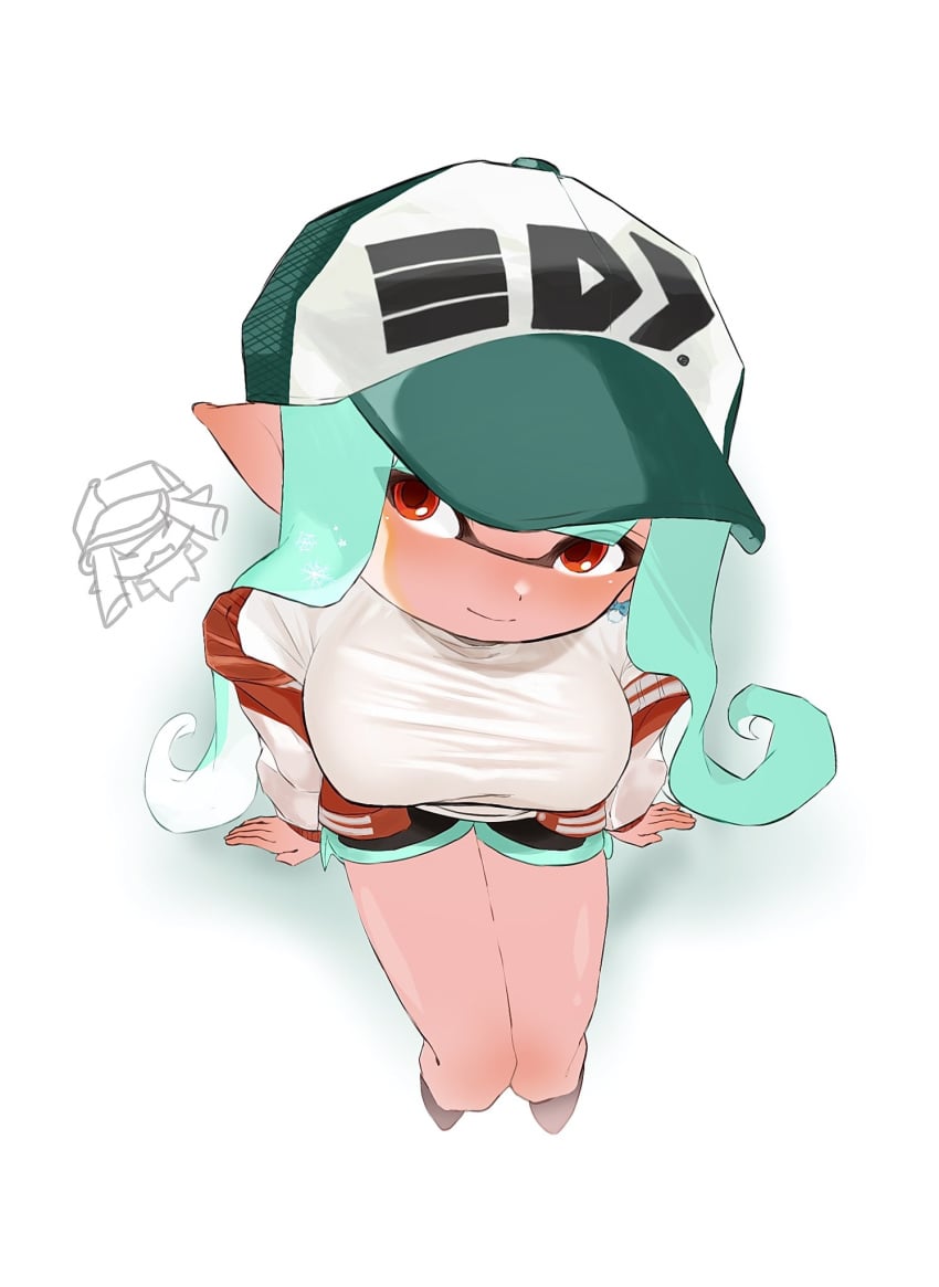 baseball_cap big_breasts breasts cap dolphin_shorts hat inkling inkling_girl inkling_player_character jacket long_hair looking_at_viewer nintendo open_jacket red_eyes shirt shorts simple_background sino_(o_x_x_o) sitting splatoon splatoon_(series) tentacle tentacle_hair white_background white_shirt