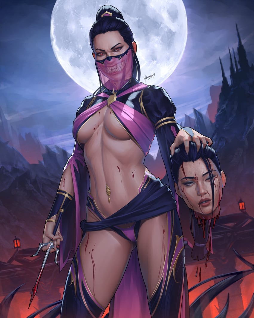 1girls barely_clothed bellybutton_piercing black_hair blood dalejomej decapitated_head decapitation edenian exposed_navel gore kitana light-skinned_female light_skin mileena mortal_kombat mortal_kombat:_deception ponytail red_eyes revealing_clothes sais sharp_teeth tarkatan thighhighs underboob veil