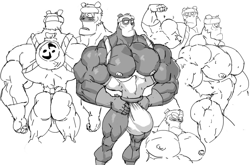 anthro ass balls bara barazoku big_bulge big_muscles bulge flaccid flexing furry gustav male male_only monochrome muscles muscular panda pandawa penis remert solo solo_male wakfu