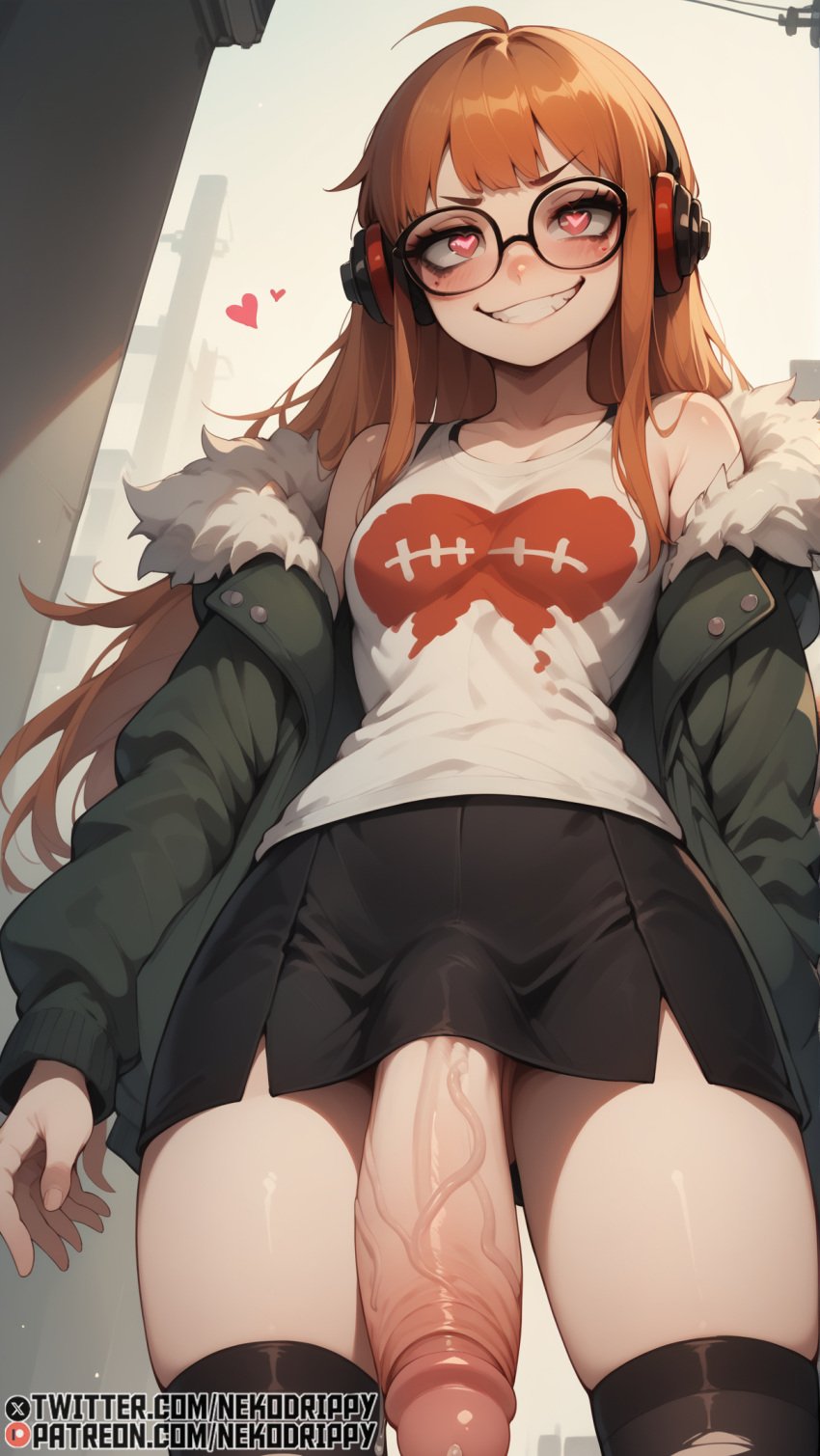 2024 ai_generated flaccid flaccid_penis fur_trim futa_only futanari futanari glasses heart-shaped_pupils high_resolution highres huge_cock huge_cock jacket megami_tensei megami_tensei_persona nekodrippy orange_hair patreon persona persona_5 precum sakura_futaba skirt spoken_heart stable_diffusion thighs twitter twitter_username veiny_penis viewed_from_below