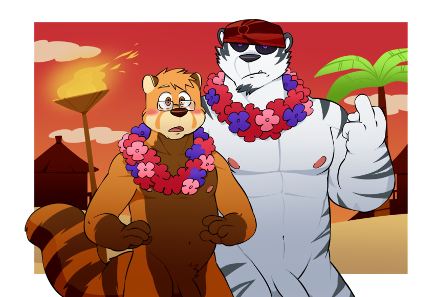 anthro blush chubby eyewear feline flaccid fur furry looking_at_viewer male male_only muscles nude outside penis red_panda tiger vasuki