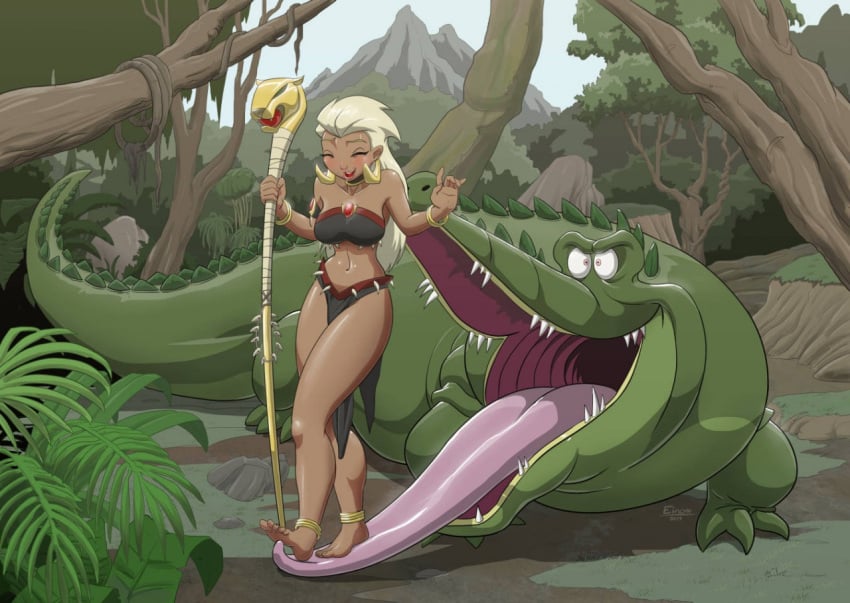 animal_licking_feet bare_legs bare_shoulders barefoot big_tongue black_topwear closed_eyes crocodile dark_skinned_female disney einom exposed_belly feet foot_fetish foot_lick holding_object holding_staff jungle laugh laughing licking_foot long_tongue midriff partially_clothed partially_clothed_female pelvic_curtain queen_la revealing_clothes revealing_outfit thick_thighs tickling tickling_feet tongue tongue_out trampling white_hair