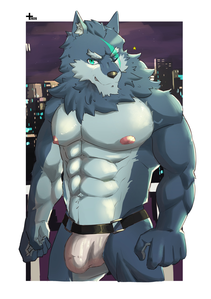 5_fingers abs absurd_res anthro ardolf areola biped bulge canid canine canis countershade_arms countershade_face countershade_fur countershade_torso countershading eye_scar eyebrows facial_scar fingers fur grey_body grey_fur hi_res male male_focus male_only mammal monsterplus muscular muscular_anthro muscular_male nipples pecs scar solo wolf