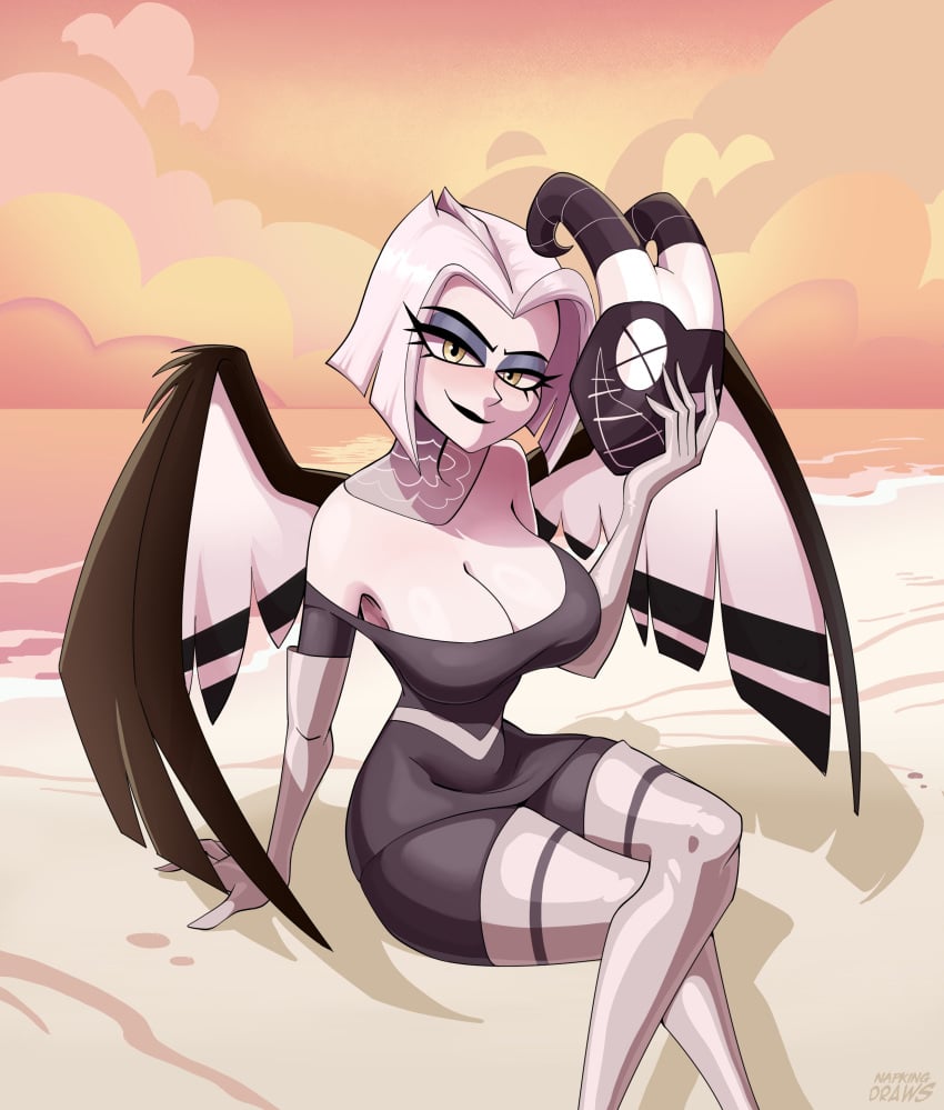 1girls alternate_version_available angel angel_wings beach big_breasts clothed clothing crossed_legs female female_focus female_only hazbin_hotel light-skinned_female light_skin looking_at_viewer lute_(hazbin_hotel) mask mask_removed napking sitting vivienne_medrano vivziepop white_hair