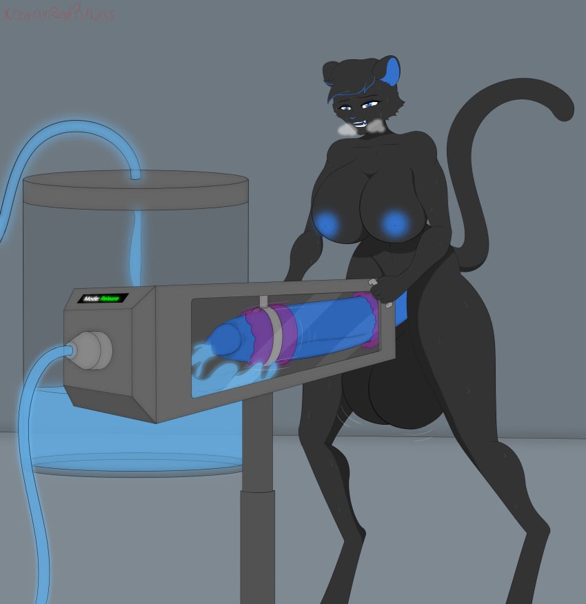 absurd_res anthro areola black_body black_fur blue_areola blue_cum blue_inner_ear blue_penis bodily_fluids colored_cum cum cum_collecting cum_in_milking_machine cum_tank felid feline fur genital_fluids genitals glowing glowing_cum gynomorph hi_res inside intersex jackie_(reaper1543) kawaiiredpandas looking_pleasured machine mammal milking_machine orgasm_control penile penis penis_milking penis_milking_machine solo standing sweat tagme unusual_bodily_fluids unusual_cum unusual_genital_fluids