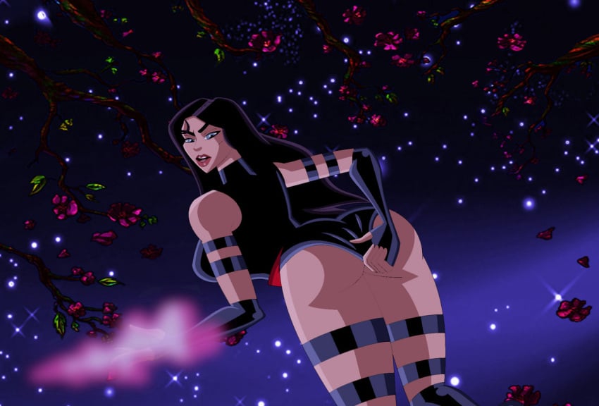 back_view background_sky backside blue_eyes blue_leotard elizabeth_braddock hand_on_panties leggings leggings_leotard light-skinned_female marvel open_mouth outside pink_flowers psylocke pulling_panties purple_hair self_wedgie side_boob the_avengers:_earth's_mightiest_heroes tree_branch webart20 wedgie wedgie_girl x-men