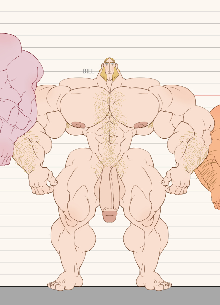 armpit_hair balls bara beefy big_muscles body_hair daddy facial_hair flaccid height_chart human male male_only manly muscles muscular muscular_legs nude penis remert solo solo_male