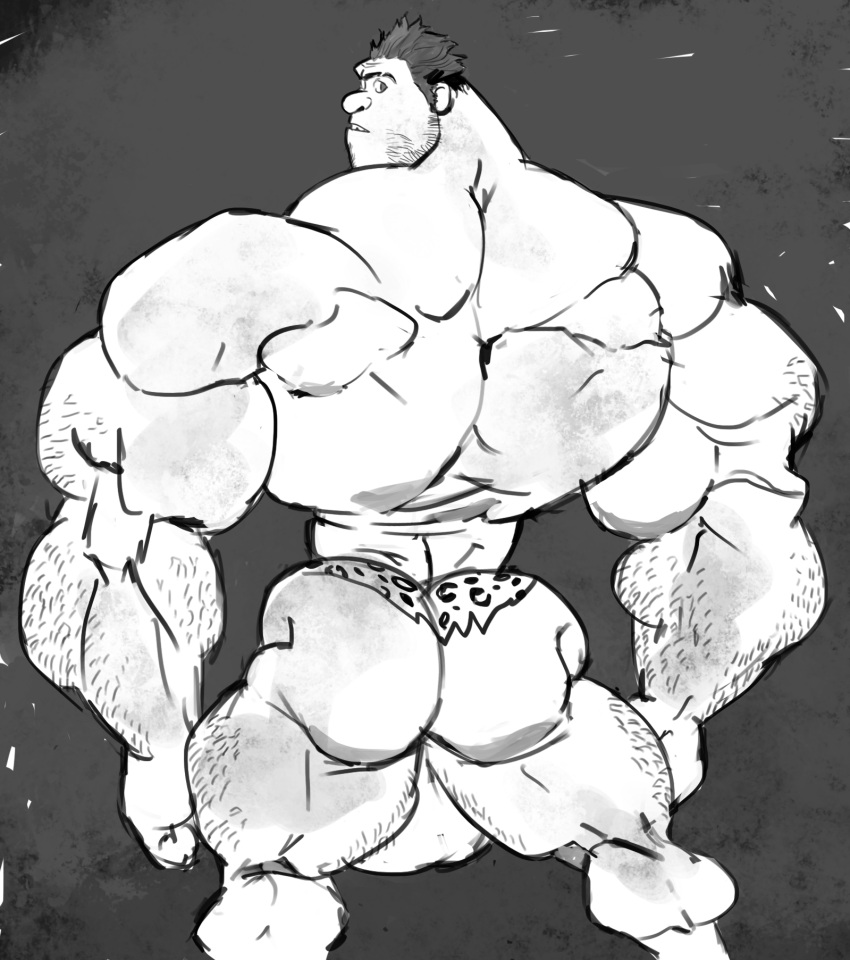 20th_century_fox 20th_century_studios ass balls bara big_muscles body_hair dreamworks facial_hair grug_crood human looking_back male male_only monochrome muscles muscular penis remert solo solo_male the_croods universal_studios