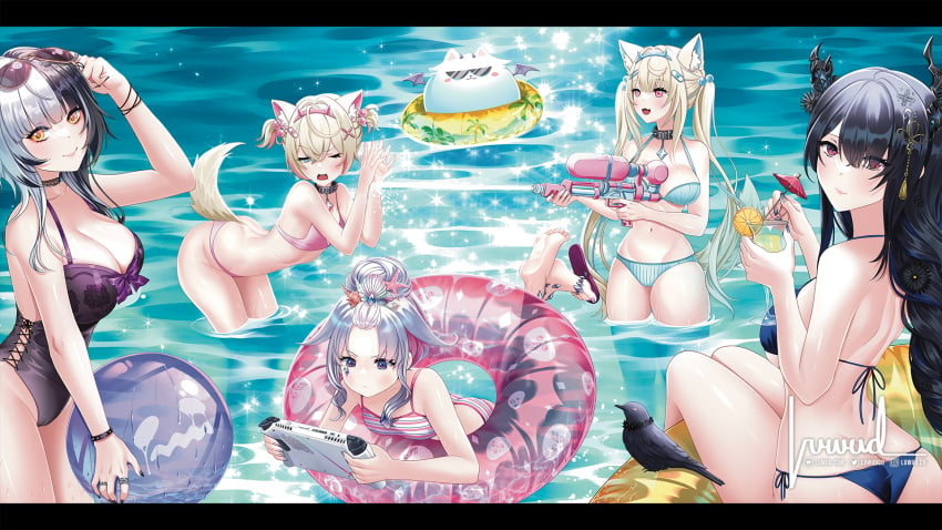 2d 2d_(artwork) 5girls alternate_costume animal_ears animal_tail beach_ball big_breasts bikini black_bikini black_hair blonde_hair bra cleavage day female float fuwawa_abyssgard high_resolution highres holding_cup holding_object hololive hololive_english hololive_english_-advent- horns hourglass_figure inflatable_ring koseki_bijou light-skinned_female light_skin long_hair looking_at_another looking_at_viewer looking_back luwudco medium_hair mococo_abyssgard multiple_girls nerissa_ravencroft one-piece_swimsuit one_eye_closed outdoors pigtails pink_bikini pink_eyes raven_(bird) shiori_novella small_breasts smiling smiling_at_viewer standing standing_in_water summer sunglasses sunglasses_on_head swimsuit thong thong_bikini two_piece_swimsuit two_tone_hair virtual_youtuber vtuber vtuberfanart water water_gun white_hair yellow_eyes young younger_female