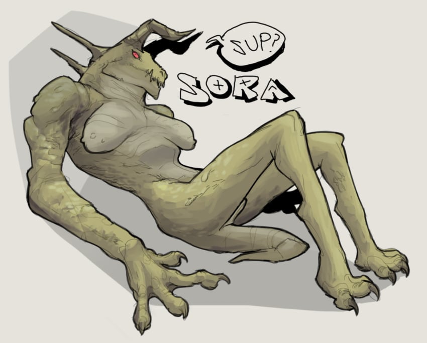 anthro bethesda_softworks big_hands breasts broad_shoulders claws deathclaw fallout featureless_breasts female genitals green_body green_skin horn lying md34 microsoft nude pussy red_eyes scalie sharp_teeth short_tail solo spikes spikes_(anatomy) tail teeth yellow_body yellow_skin