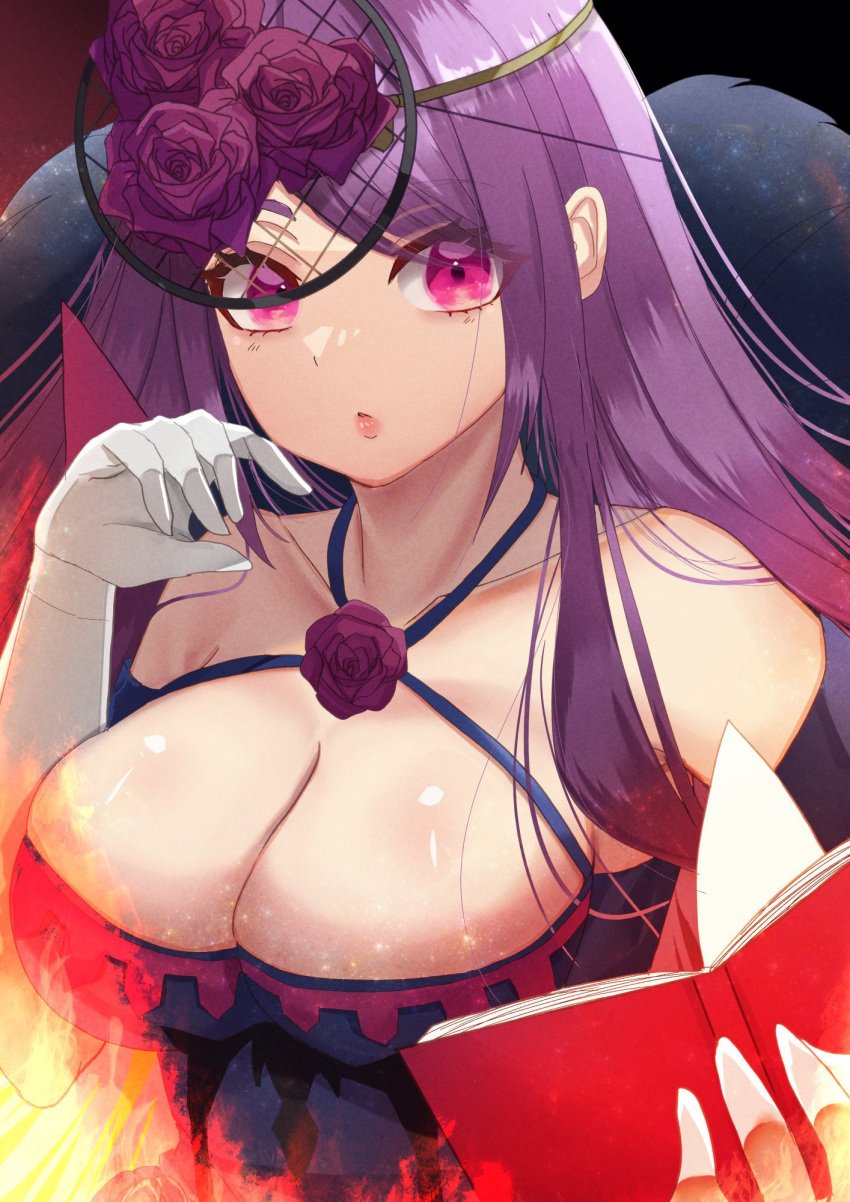 breasts cleavage fascinator female fire_emblem fire_emblem_engage flower flower_brooch gloves highres ivy_(fire_emblem) kirarimochiko large_breasts long_hair open_mouth pink_eyes purple_hair rose see-through_headwear solo spiked white_gloves