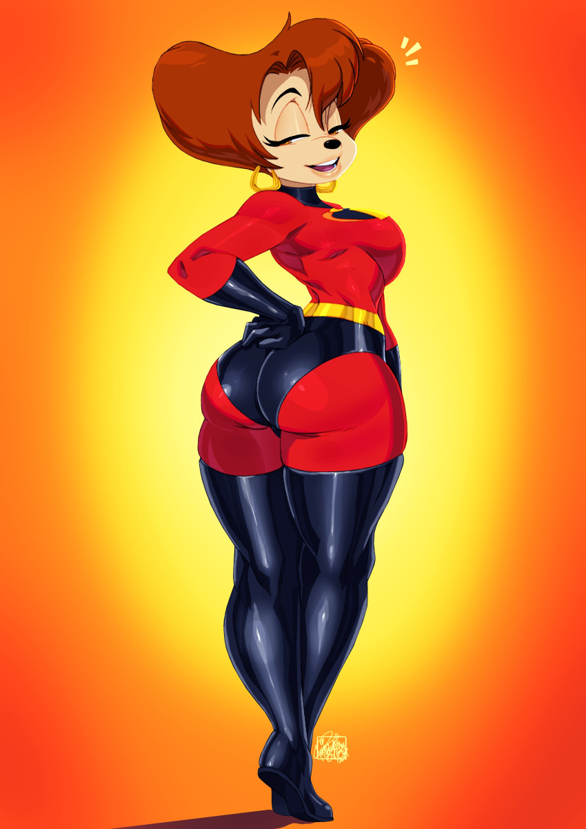 1girls anthro anthropomorphic artist_signature ass ass_focus big_ass boots booty brown_hair busty cat_girl cosplay curvy dat_ass disney earrings elastigirl_(cosplay) goof_troop light-skinned_female light_skin peg_pete red_head the_incredibles thick_thighs thighhighs thighs tight_clothing tovio_rogers very_high_resolution