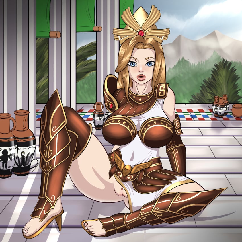 1girls alternate_costume athena_(smite) big_breasts blonde_hair classic_athena european_mythology goddess greek_mythology hi-rez_studios high_heels light-skinned_female light_skin mythology partially_clothed pinup pussy shadowboxer smite solo spread_legs thick_thighs