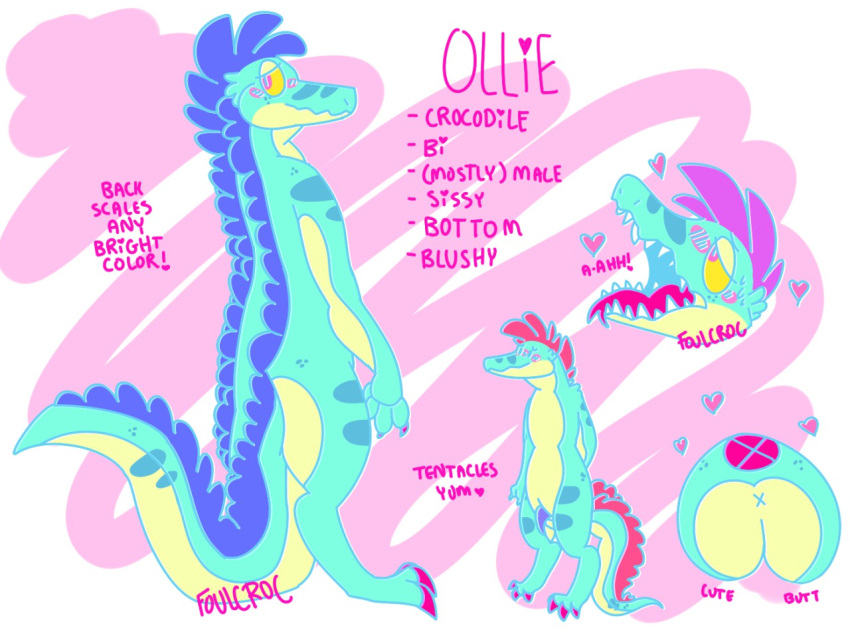 2017 anthro anus ass blue_body blue_scales blush character_name claws crocodile crocodilian crocodylid digital_drawing_(artwork) digital_media_(artwork) digitigrade english_text flat_colors gojiteeth handwritten_text heart_symbol male moan model_sheet nude ollie_(gojiteeth) open_mouth pink_blush pink_claws pink_eyes pink_text pink_tongue reptile scales scalie simple_background snout solo standing tail text tongue x_anus yellow_body yellow_scales yellow_sclera