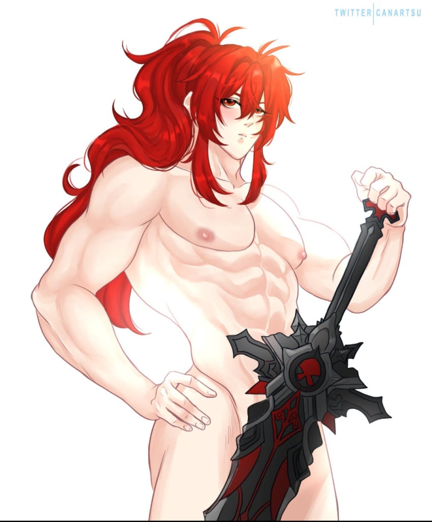 abs censored diluc_(genshin_impact) male_only muscular_male naked