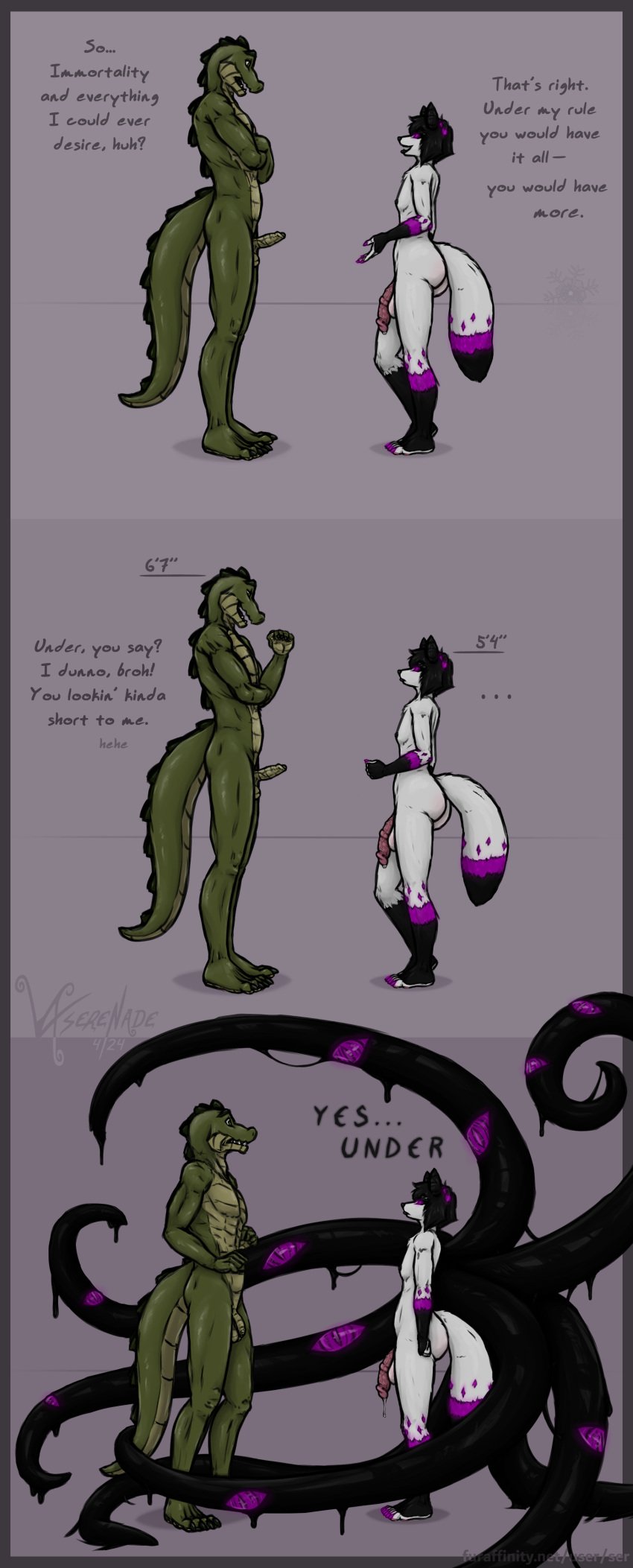 absurd_res alligator alligatorid annoyed anthro arctic_fox ass balls balls_blush big_balls big_butt big_penis black_lips black_nipples blush blushing_butt bodily_fluids body_blush canid canine claws crocodilian cum deity demon dialogue dripping dripping_tentacles duo eldritch_being erection femboy finger_claws flaccid forced fox genital_fluids genitals glowing glowing_claws glowing_eyes glowing_markings height_comparison height_teasing hi_res horn huge_balls huge_cock humanoid_genitalia humanoid_penis hybrid_genitalia hybrid_penis imminent_danger leaking_cum lips male male/male mammal markings medial_ring medial_ringed_humanoid_penis medial_ringed_hybrid_penis more_(vxserenade) multi_eye nipples penis penis_size_difference plantigrade precum precum_drip precum_string questionable_consent realistic_penis_size reptile scalie scared_expression sequence sequential size_difference small_but_hung startled surprised_look teasing tentacle thick_lips toe_claws true_fox unnamed_character vxserenade