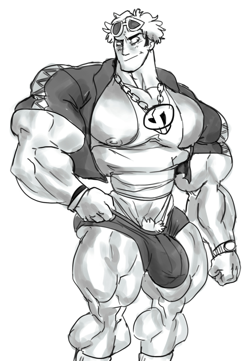 balls bara big_muscles bulge clothing flaccid guzma_(pokemon) human male male_only monochrome muscles muscular nintendo penis pokemon remert solo solo_male