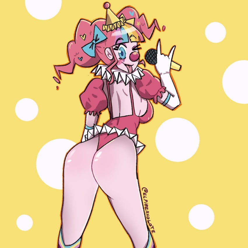 :p april_(monster_prom) ass clown clown_costume clown_girl clown_makeup clown_nose clussy clussy_fever female female_only leotard microphone monster_con monster_prom simple_background tongue tongue_out wink winking winking_at_viewer