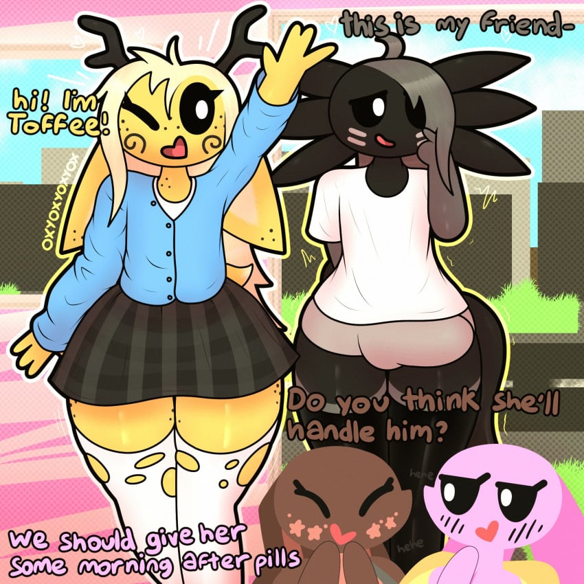 anthro antlers axolotl blonde_hair buldge bunny_girl cinnamon_(oxyoxyoxyox) dialogue female femboy happy huge_cock hung_trap licorice_(oxyoxyoxyox) marshmallow_(oxyoxyoxyox) open_smile oxyoxyoxyox ripped_clothing ripped_thighhighs smile thick_thighs thighhighs toffee_(oxyoxyoxyox)