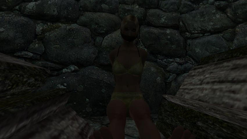 1girls 3d arms_behind_back blonde_hair bra cloth_gag dirkjag gag gagged mod panties skyrim underwear yellow_bra yellow_panties