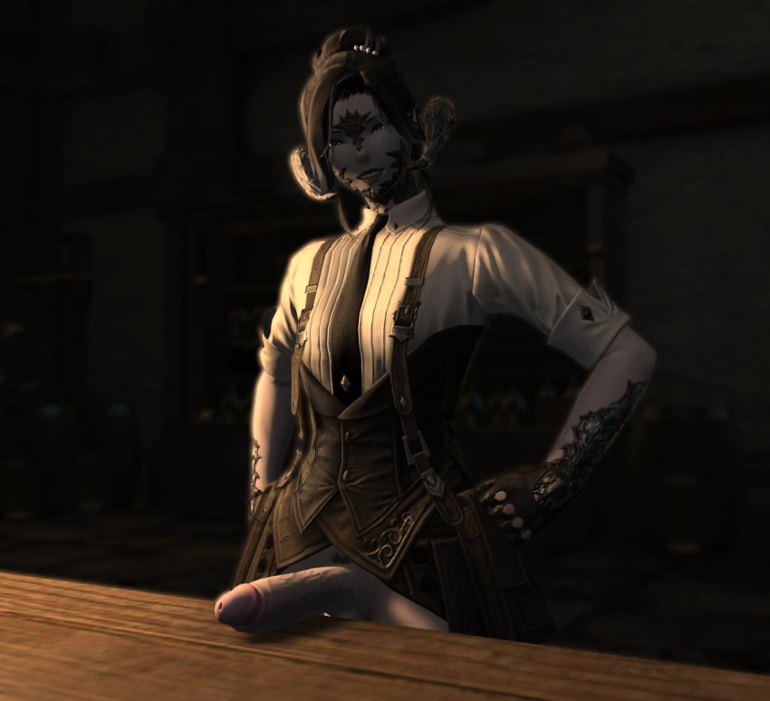 1boy 3d au_ra bartender bartenderlizard clothing cota_dalamiq erection femboy final_fantasy final_fantasy_xiv gay gpose(ffxiv) hair_bun hair_ornament half_dressed horns huge_cock lizard mod partially_clothed presenting_penis pubic_hair scales self_upload smile smiling_at_viewer solo tagme tie vest