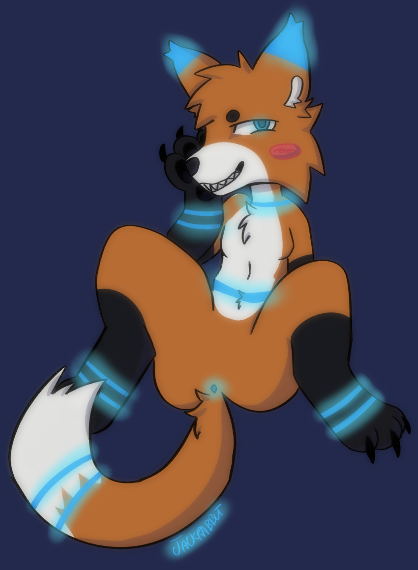 2024 absurd_res alternate_version_at_source ambiguous_gender anthro anus black_nose black_pawpads blue_eyes blush canid canine cheek_tuft claws_out countershading dipstick_tail ear_tuft facial_tuft fox genitals glowing glowing_body glowing_eyes glowing_genitalia glowing_markings head_tuft hi_res jackrabbit_(artist) male mammal markings null null_bulge pawpads presenting presenting_anus shaded signature smile smirk solo tail tail_markings tail_tuft tuft