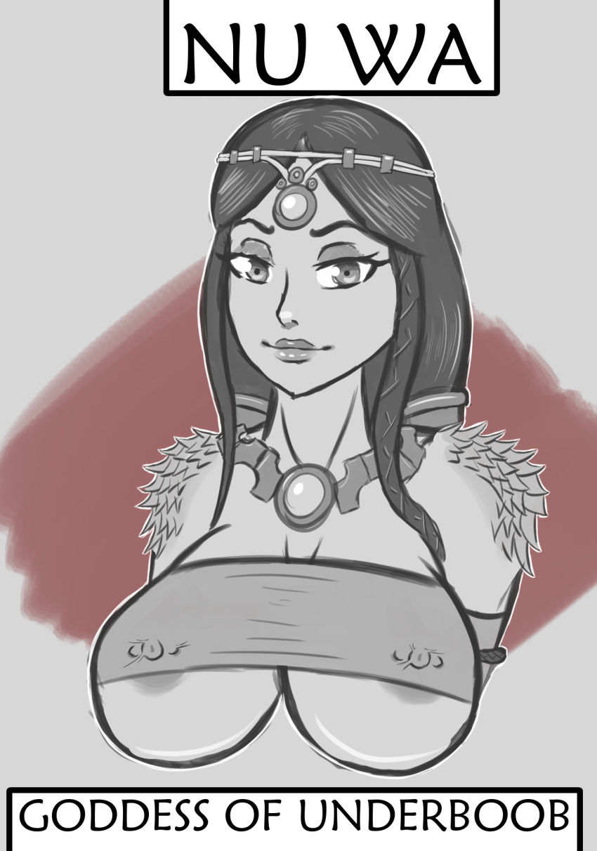 1girls asian_mythology barbell_piercing big_breasts chinese_mythology goddess hi-rez_studios line_art mythology nipple_piercing nipple_slip nu_wa_(smite) shadowboxer smite underboob